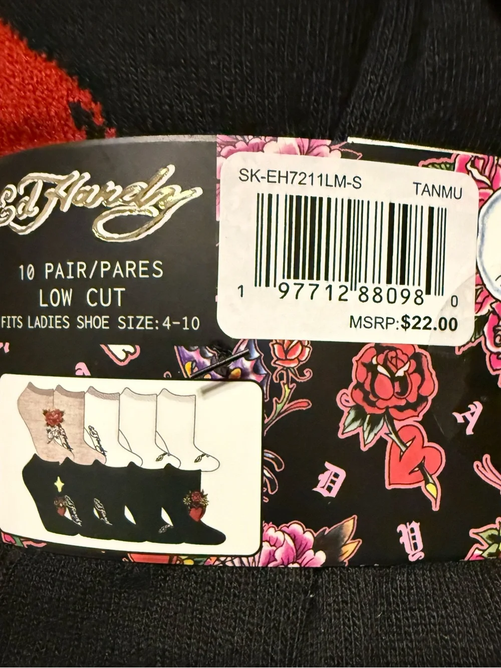Ed Hardy (10) Pairs Low Cut Socks with Red & Green Floral Design